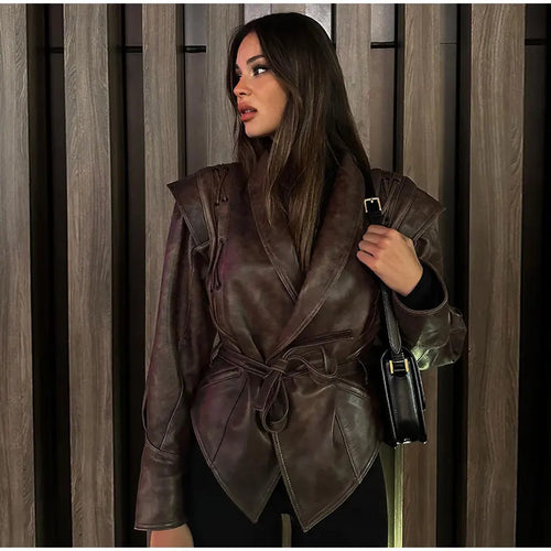 Damen modische Wildlederjacke mit tailliertem Schnitt und Bindegürtel EB