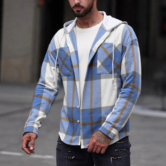 Herren Flanelljacke im lässigen Karomuster mit Kapuze und zwei Taschen EB
