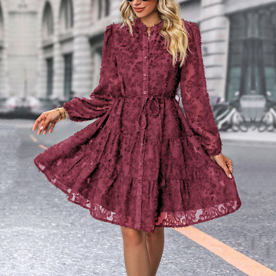 Damen Kleid im romantischen Boho-Stil mit Knopfverschluss und Bindegürtel EB