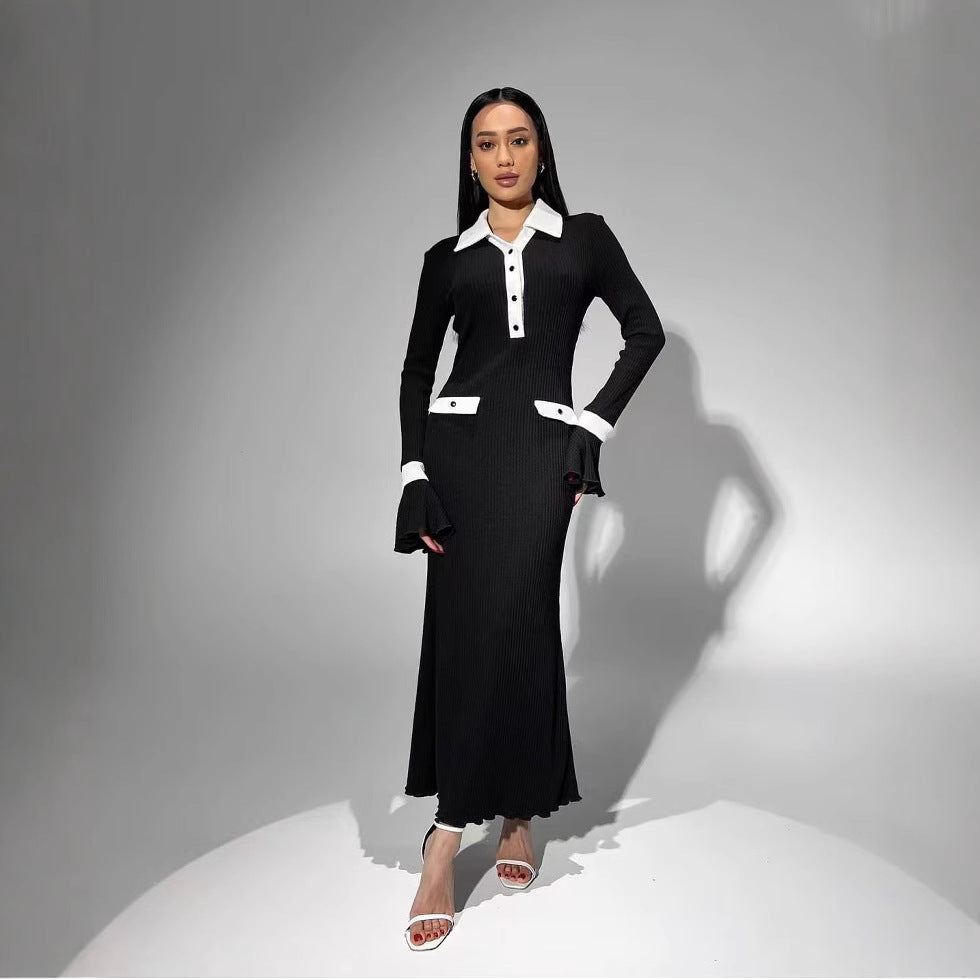 Damen elegantes Maxikleid mit Kontrastkragen und schmeichelhaften Ärmelverzierungen EB