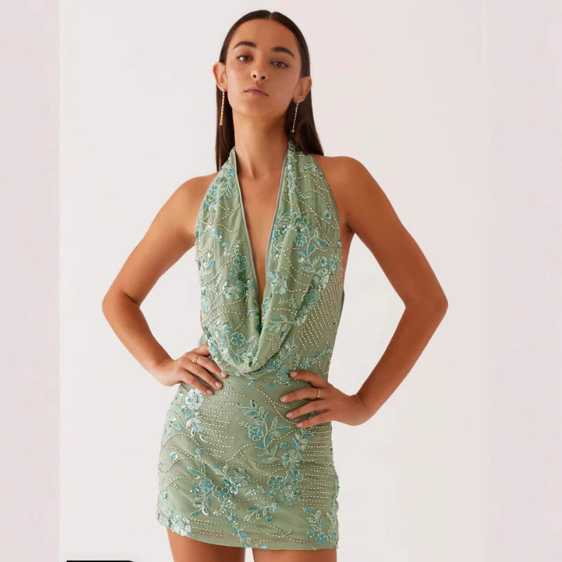 Damen Glamouröses Etuikleid mit tiefem V-Ausschnitt und besticktem Design EB