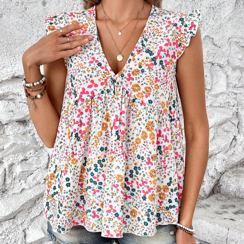 Damen Blusenshirt mit floralem Design und V-Ausschnitt EB
