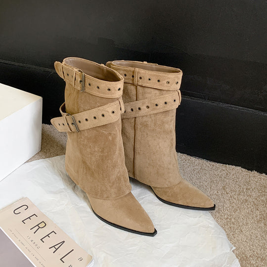 Damen Stiefeletten mit modischem Riemen und elegantem Blockabsatz EB