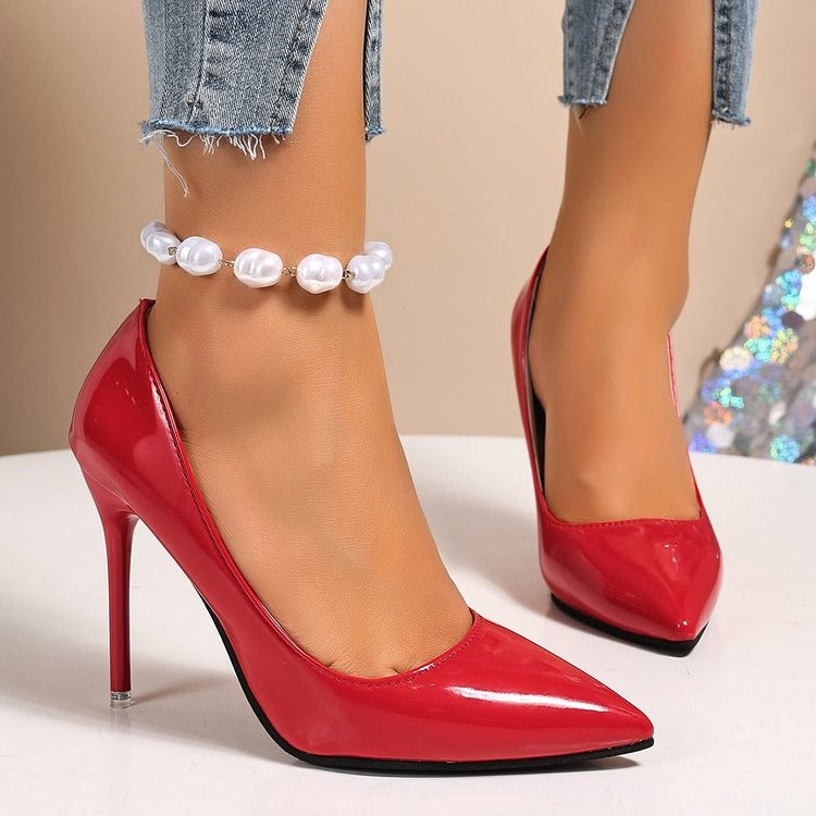 Damen elegante Pumps mit spitzem Zehenbereich und glänzender Oberfläche EB