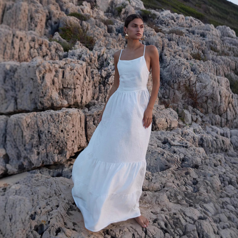 Damen Elegantes Maxikleid aus Leinen mit Querriemen EB