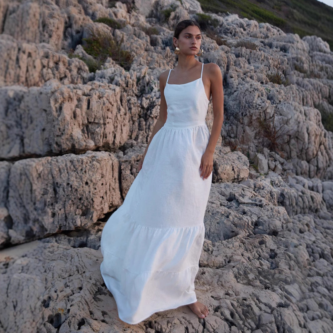 Damen Elegantes Maxikleid aus Leinen mit Querriemen EB