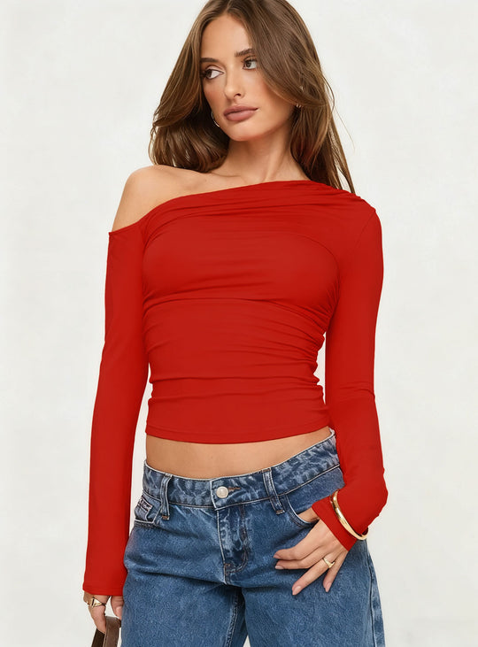 Damen Off-Shoulder Raffungsshirt mit langen Ärmeln und elegantem Design EB