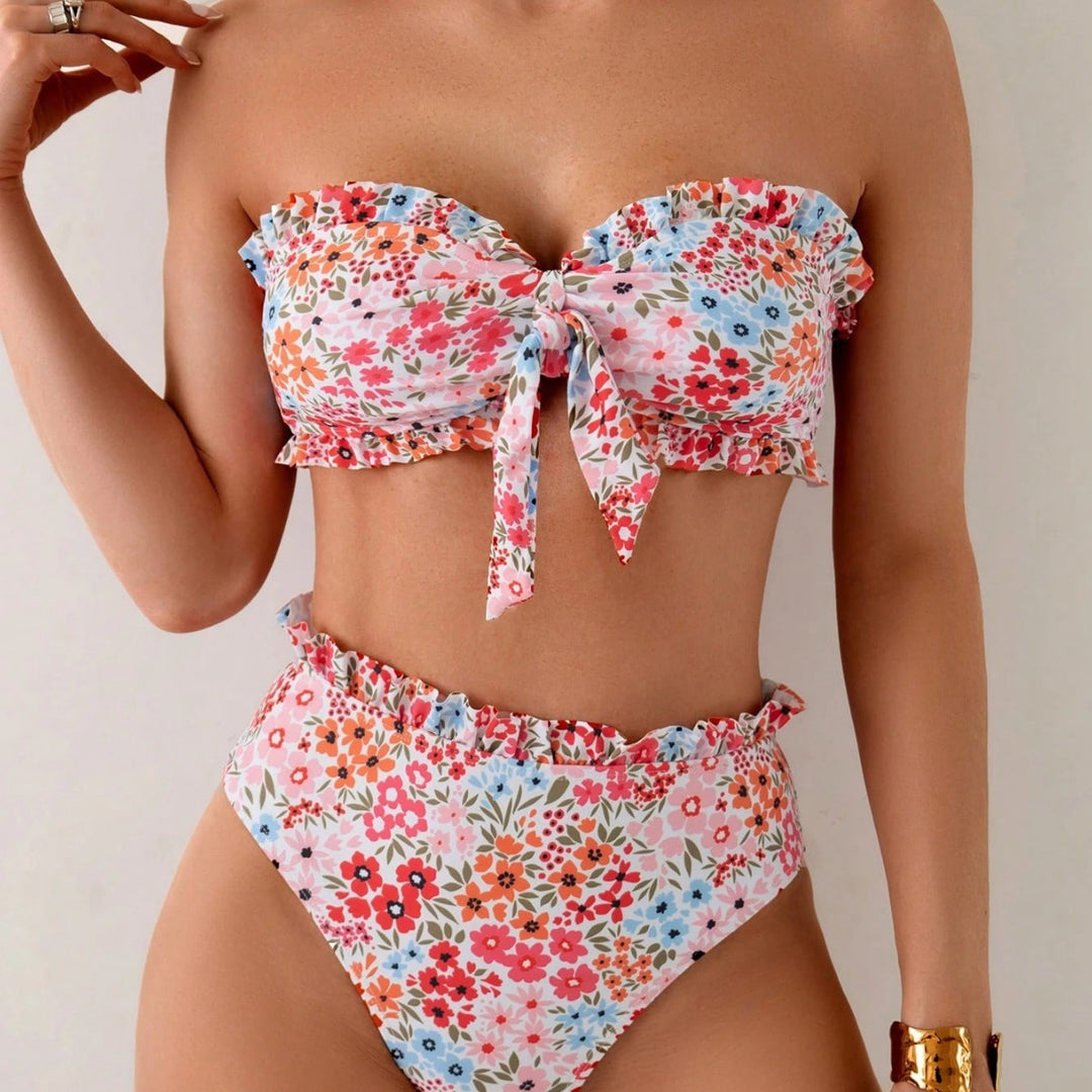 Damen Bandeau-Bikini mit verspielten Rüschen und floralem Muster EB