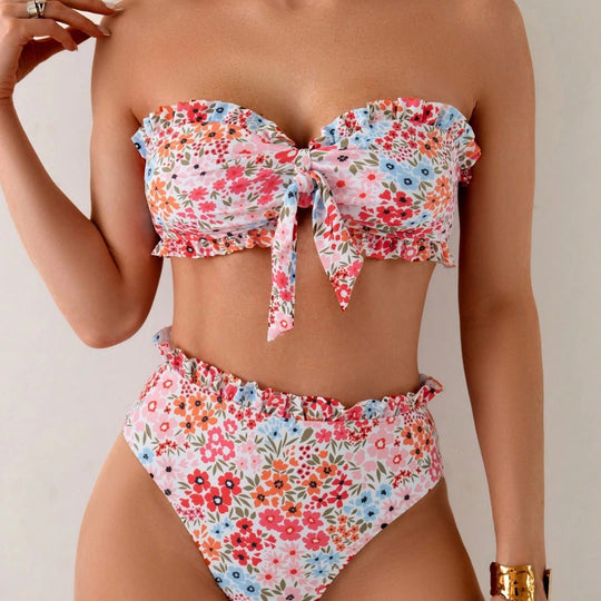 Damen Bandeau-Bikini mit verspielten Rüschen und floralem Muster EB