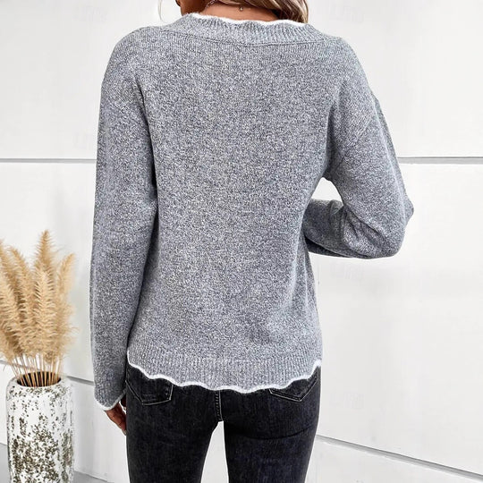 Damen lässiger Strickpullover mit gewelltem V-Ausschnitt und kontrastierenden Abschlüssen EB