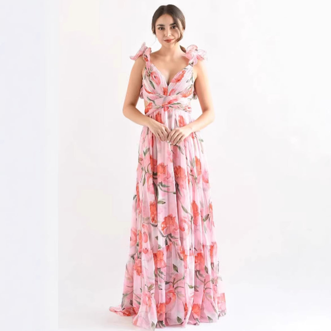 Damen Maxikleid im romantischen Vintage-Stil mit fließendem Rock und Rüschendetails EB