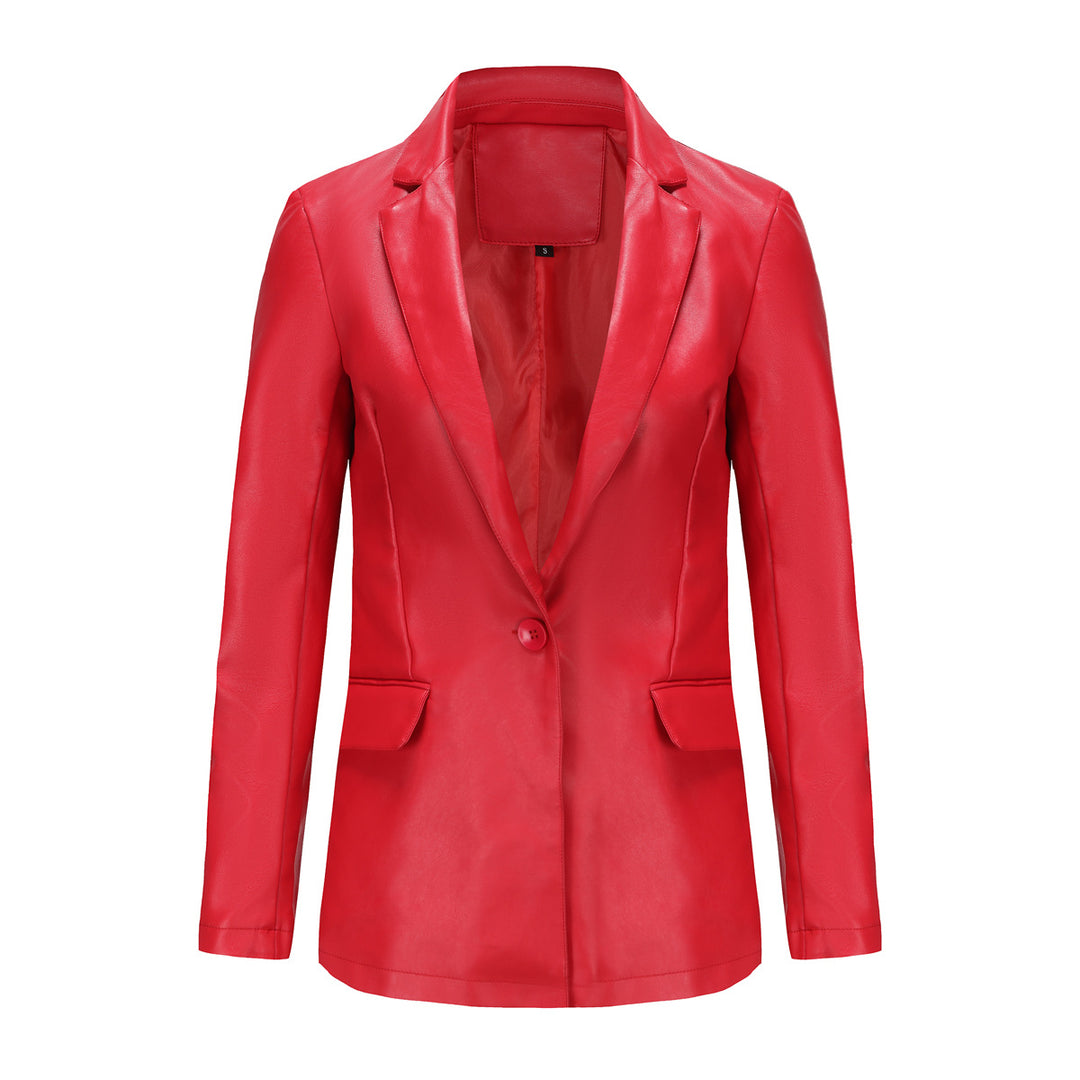 Damen nan taillierter Blazer aus Kunstleder mit Reverskragen und Pattentaschen EB