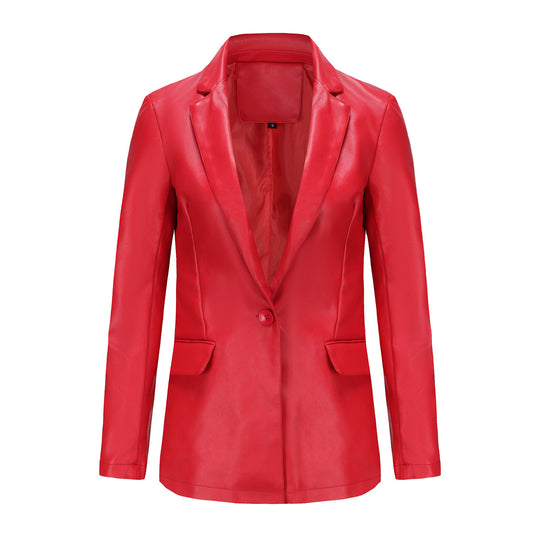 Damen nan taillierter Blazer aus Kunstleder mit Reverskragen und Pattentaschen EB