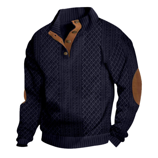 Herren nan grob gestrickter Strickpullover mit Schalkragen, Knopfleiste und Ellbogenpatches EB