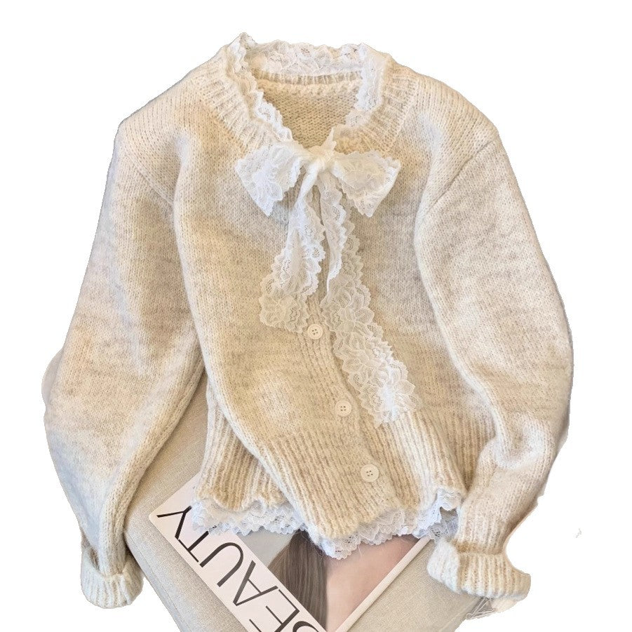 Damen Strickcardigan mit Lagenlook und Spitzenkragen EB