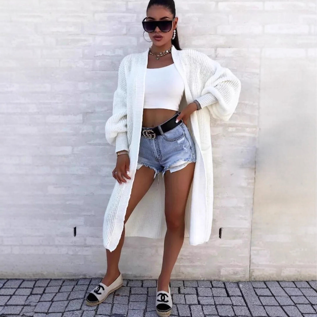 Damen Langer Strickcardigan mit weiten Ärmeln und praktischen Taschen EB