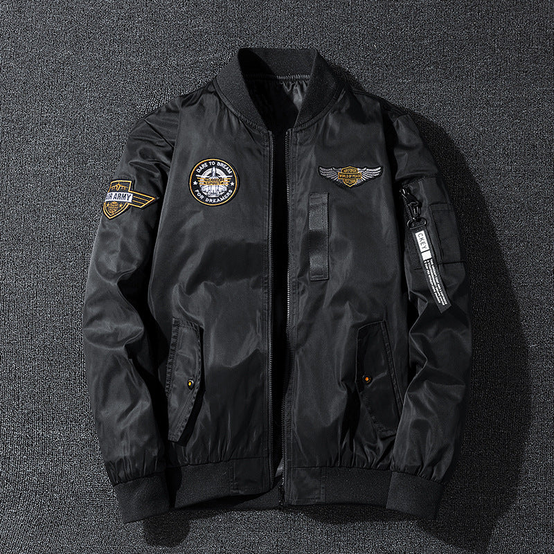 Men's  vintage aviation patch lightweight flight bomber jacket with ribbed collar and zip sleeve pocket EB