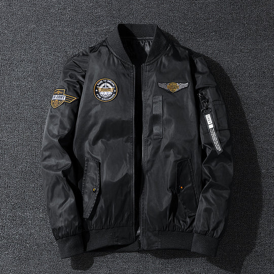 Men's  vintage aviation patch lightweight flight bomber jacket with ribbed collar and zip sleeve pocket EB