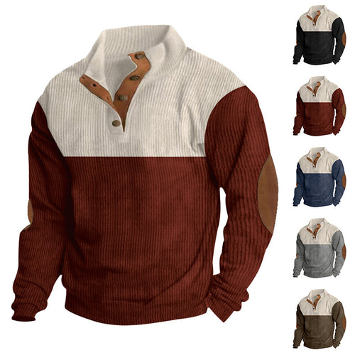 Herren nan gerippter Pullover mit Stehkragen, Knopfleiste und Ellbogen-Patches EB