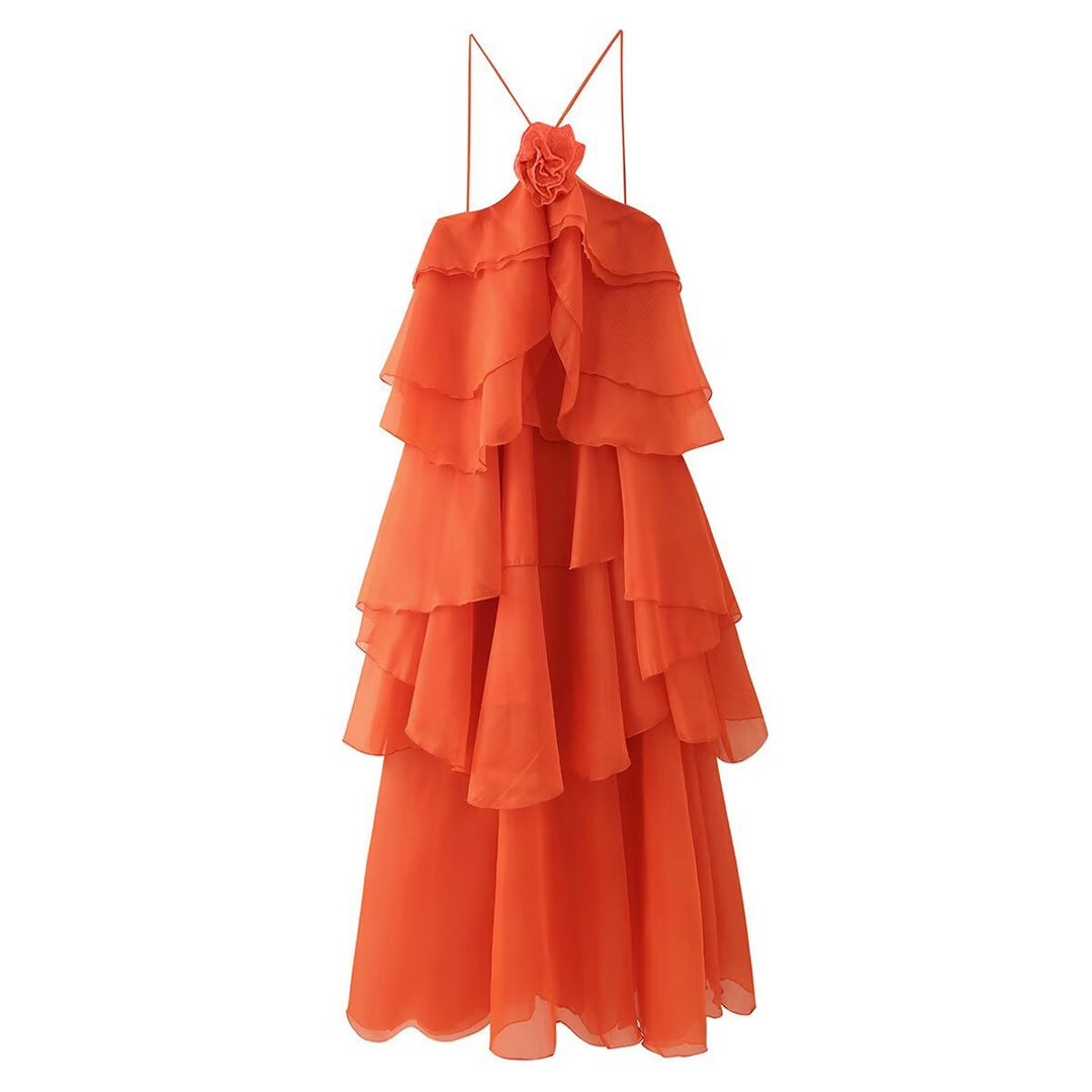 Damen Maxikleid mit voluminösen Rüschen und floralen Akzenten EB