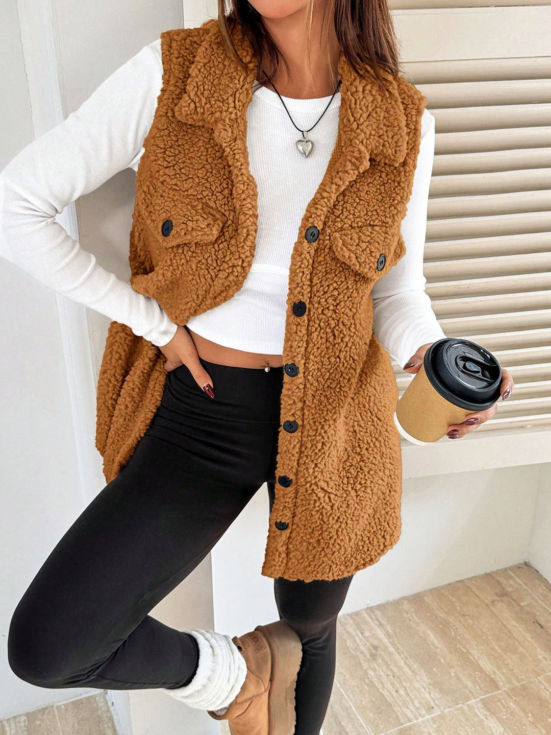 Damen Teddy-Weste mit Taschen EB