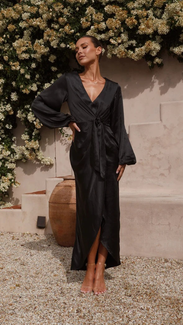 Damen Satin Wickelkleid mit elegantem V-Ausschnitt und voluminösen Ärmeln EB