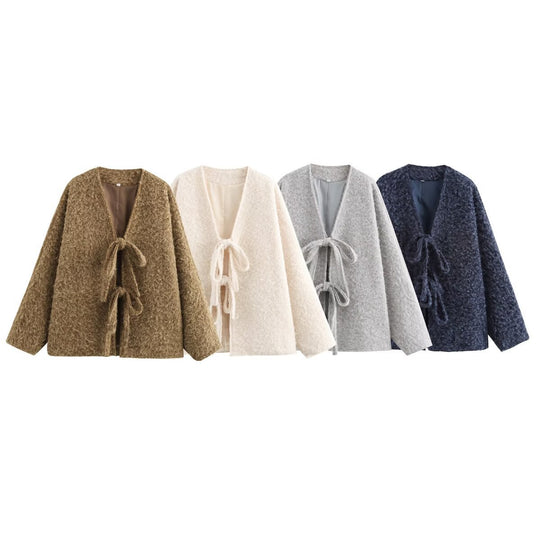 Damen Kuschelige Oversized Weste mit Bindebändern und anschmiegsamem Material EB