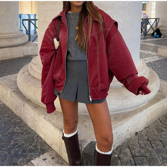 Damen modische Kunstlederjacke mit auffälligem Kragen EB