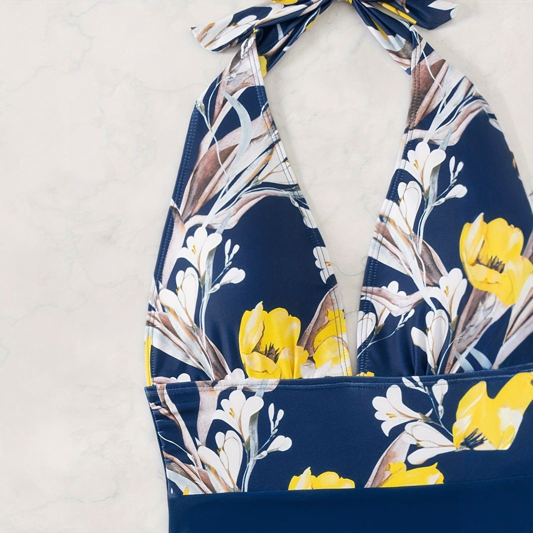 Damen Einteiliger Badeanzug mit floralem Design und Langen Bindebändern EB