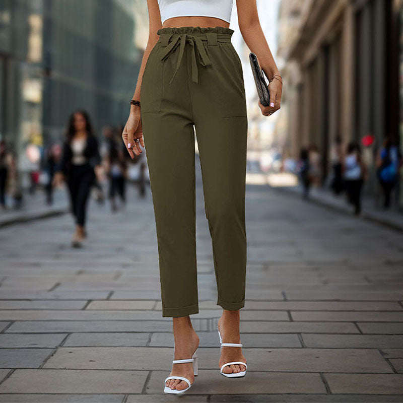 Damen elegante Chino-Hose mit hohem Bund und Taillenzug EB