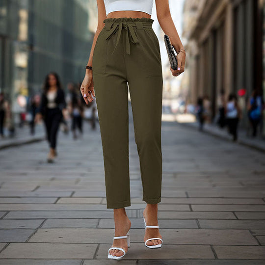 Damen elegante Chino-Hose mit hohem Bund und Taillenzug EB