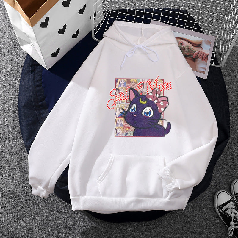 Damen nan Oversize-Kapuzenpullover mit glitzerndem Anime-Katzen-Motiv, Kängurutasche und weichem Fleece-Innenfutter EB