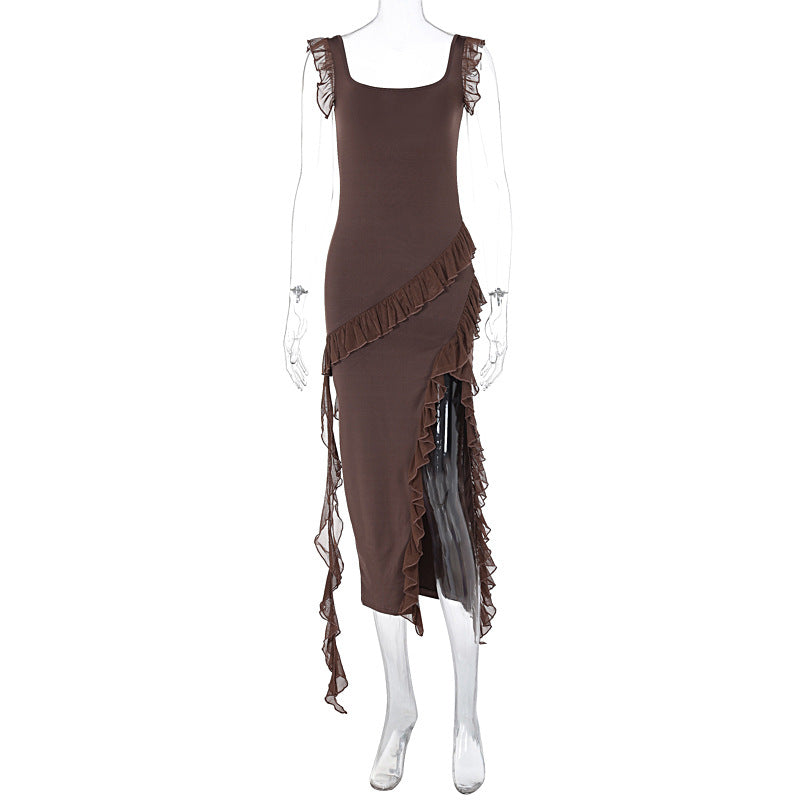 Damen asymmetrisches Maxi-Kleid mit Rüschendetails und hohem Schlitz EB