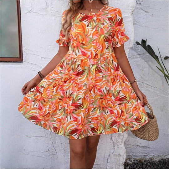 Damen Sommerliches Freizeitkleid mit Rüschendetails und frischem Blumenmuster EB