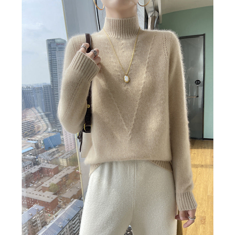 Damen weicher Strickpullover mit hohen Kragen und V-Design EB