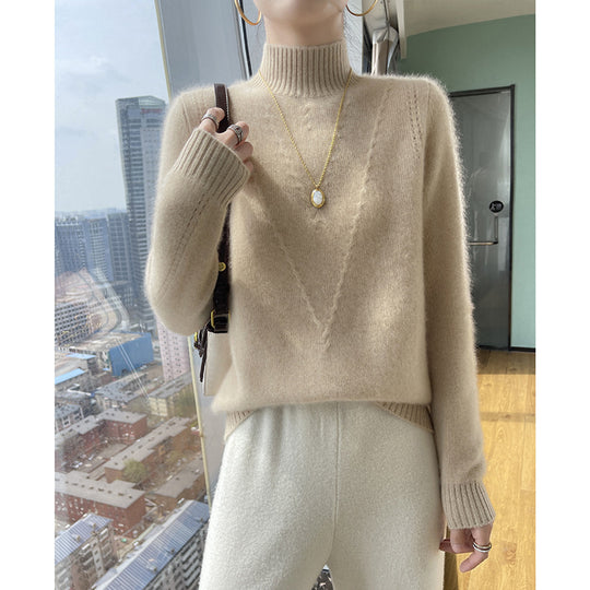 Damen weicher Strickpullover mit hohen Kragen und V-Design EB