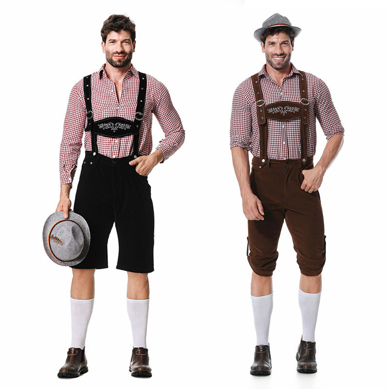 Herren nan authentische Trachten-Kniebundhose aus wildlederähnlichem Material mit verstellbaren Trägern und besticktem Brustlatz EB