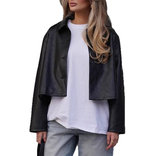 Damen Modische cropped Kunstlederjacke mit stilvollen Details EB