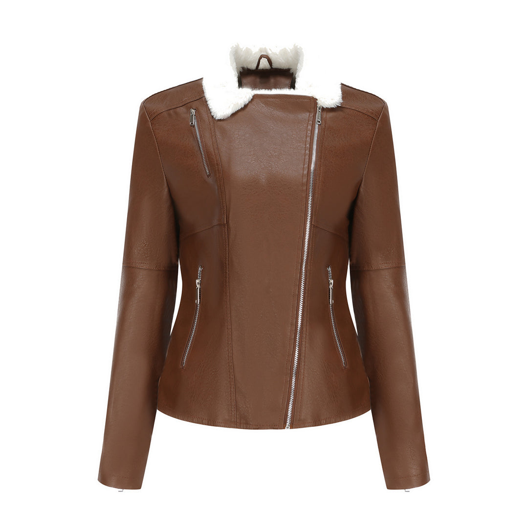 Damen nan taillierte Kunstleder-Bikerjacke mit abnehmbarem Kunstfellkragen und schrägem Reißverschluss EB