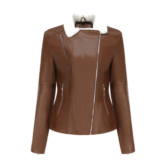 Damen nan taillierte Kunstleder-Bikerjacke mit abnehmbarem Kunstfellkragen und schrägem Reißverschluss EB