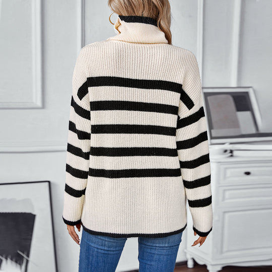 Damen Rollkragenpullover mit Knopfdetails und Streifendesign EB