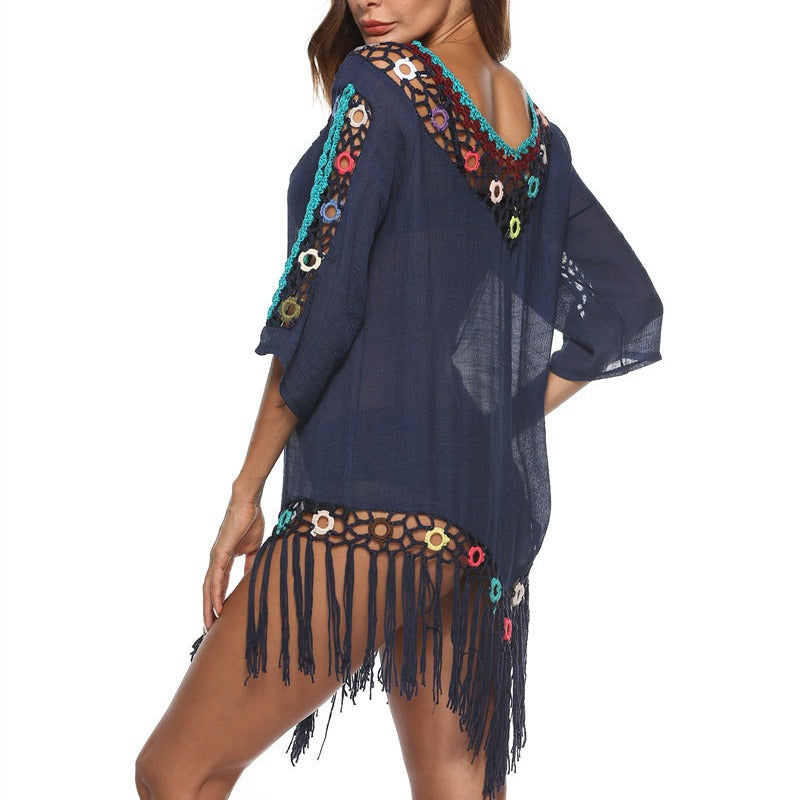 Damen Elegante Häkel-Strandtunika mit fransigen Details und bunten Applikationen EB