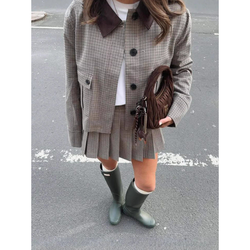 Damen Karomuster Blazerjacke mit kurzen Ärmeln und passender Minirock EB