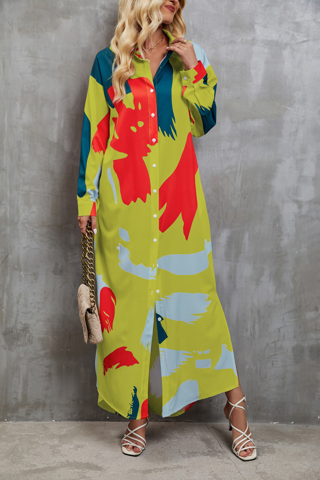 Damen Hemdblusenkleid mit farbenfrohem grafischen Muster und legere Passform EB