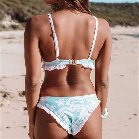 Damen Triangel-Bikini mit verspielten Rüschendetails und floralem Druck EB