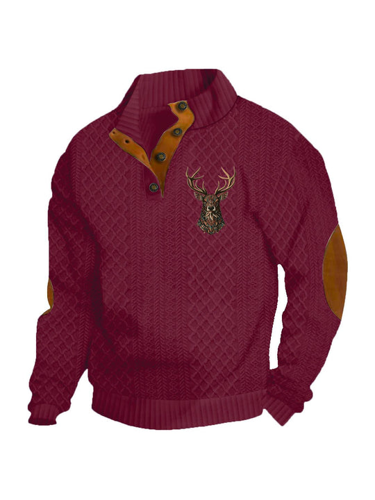 Herren nan Heritage-Strukturpullover mit Stehkragen Lederimitat-Besatz Ellenbogen-Patches und Halbknopfleiste EB