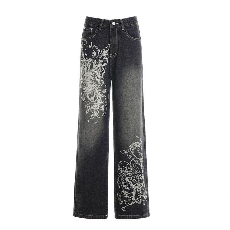 Damen Weite Denim-Hose mit auffälligem grafischem Druck EB