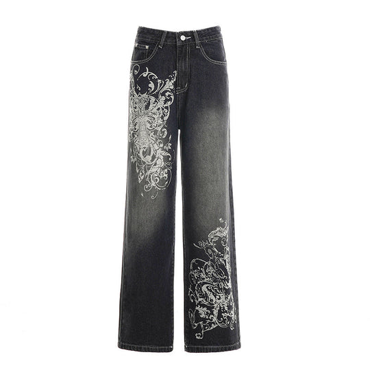 Damen Weite Denim-Hose mit auffälligem grafischem Druck EB