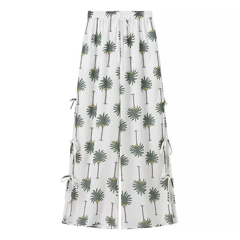 Damen Palazzo-Hose mit floralem Palmbaum-Print und seitlichen Schnürdetails EB