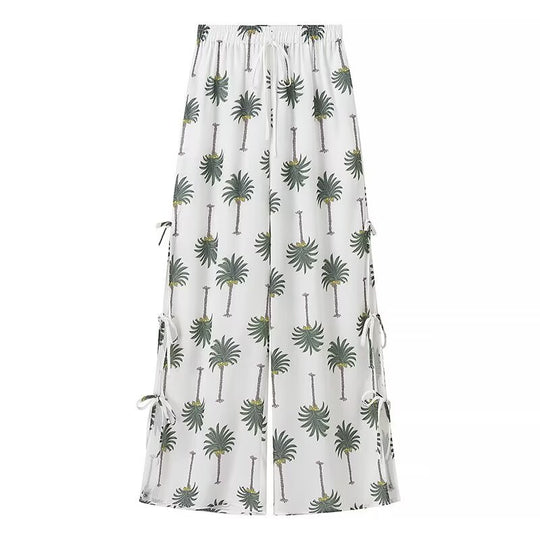 Damen Palazzo-Hose mit floralem Palmbaum-Print und seitlichen Schnürdetails EB
